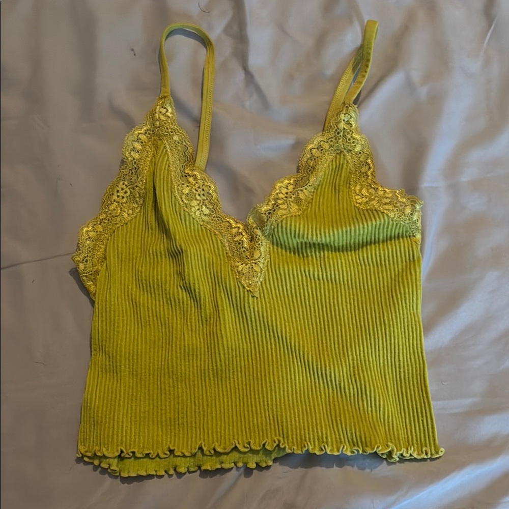 Forever 21 Yellow Ribbed Lace Crop Camisole